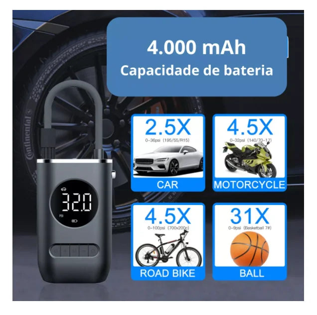 Bomba De Ar Compressor Portatil Calibrador Digital Lanterna